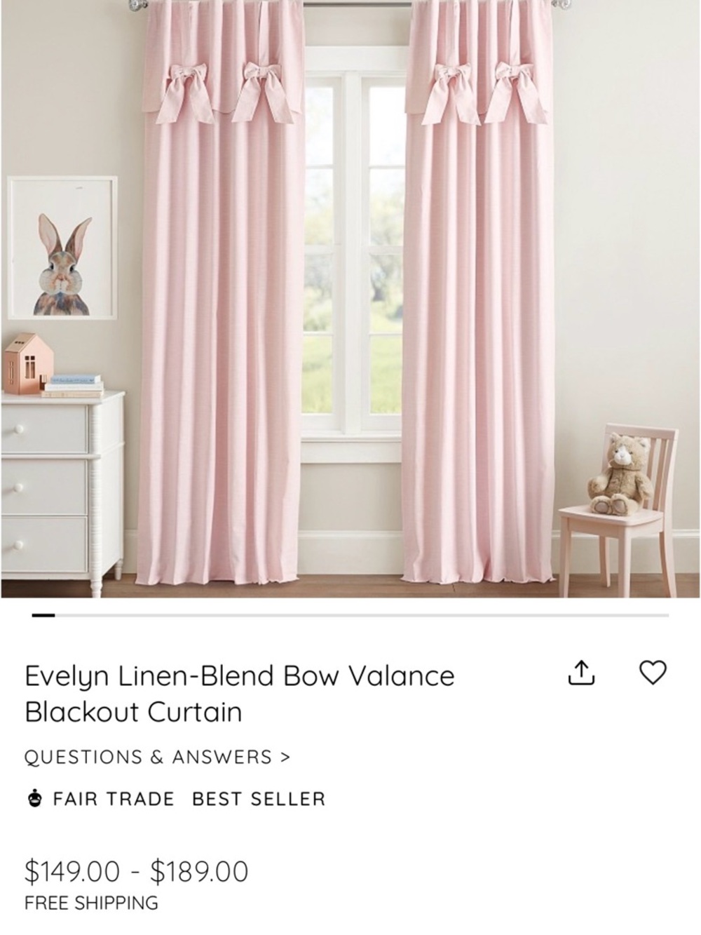 Pottery Barn Kids Pink Evelyn Linen-Blend Bow Valance Blackout Curtains